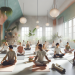 Um estúdio de ioga sereno com grandes janelas que permitem a entrada de luz natural. Diversos indivíduos estão sentados em tapetes de yoga em pose meditativa, participando de um Curso Yoga Terapêutico. As plantas e a iluminação suave criam uma atmosfera relaxante. Tapetes enrolados e adereços de ioga estão bem arrumados nas prateleiras. | YogaLounge