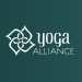 A imagem apresenta o logotipo da Yoga Alliance, que inclui um design abstrato estilizado ao lado do texto "yoga ALLIANCE" em uma combinação de fontes cursivas e serifadas maiúsculas. O fundo é um gradiente de azul-petróleo escuro, destacando sua associação com o Curso de Yoga Certificado pela Yoga Alliance. | YogaLounge