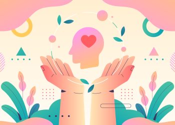 Ilustração de duas mãos segurando uma silhueta de uma cabeça humana com um coração dentro. O fundo, cheio de formas abstratas, plantas e tons quentes de rosa e amarelo, transmite lindamente uma sensação de cuidado e bem-estar mental, enfatizando a importância da saúde mental. | YogaLounge