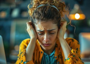 Uma mulher com cabelo cacheado e uma faixa na cabeça está sentada à mesa, parecendo estressada pela Síndrome Vertiginosa por Stress. Ela apoia a cabeça nas mãos, olhos fechados, vestindo um suéter amarelo. O fundo é um ambiente de escritório suavemente iluminado e desfocado. | YogaLounge
