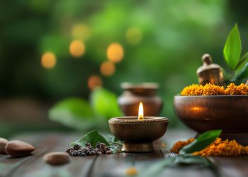 Uma vela quente tremula sobre uma mesa de madeira cercada por uma tigela com flores de calêndula, folhas, ervas e pequenos potes, criando um ambiente inspirado no Ayurveda contra um fundo verde suavemente desfocado. | YogaLounge