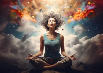 Uma mulher está sentada de pernas cruzadas em meditação acima das nuvens. Seus olhos estão fechados, e seu cabelo flui para cima, misturando-se com nuvens coloridas e ardentes e pássaros no céu. A cena é surreal e onírica, simbolizando paz e imaginação. | YogaLounge