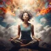 Uma mulher está sentada de pernas cruzadas em meditação acima das nuvens. Seus olhos estão fechados, e seu cabelo flui para cima, misturando-se com nuvens coloridas e ardentes e pássaros no céu. A cena é surreal e onírica, simbolizando paz e imaginação. | YogaLounge