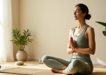 Uma mulher em uma sala serena está sentada de pernas cruzadas em um tapete de ioga, olhos fechados, em uma pose meditativa com as mãos juntas. Ela está usando roupas esportivas verdes. A luz do sol filtra através de uma janela, iluminando dois vasos de plantas próximos. | YogaLounge