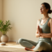 Uma mulher em uma sala serena está sentada de pernas cruzadas em um tapete de ioga, olhos fechados, em uma pose meditativa com as mãos juntas. Ela está usando roupas esportivas verdes. A luz do sol filtra através de uma janela, iluminando dois vasos de plantas próximos. | YogaLounge