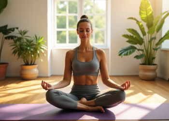 Uma mulher está meditando em um tapete de yoga roxo em uma sala ensolarada, incorporando paciência. Ela está sentada de pernas cruzadas, olhos fechados, em uma pose pacífica. Grandes plantas em vasos a cercam enquanto a luz do sol entra pelas janelas, criando uma atmosfera serena. | YogaLounge