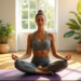 Uma mulher está meditando em um tapete de yoga roxo em uma sala ensolarada, incorporando paciência. Ela está sentada de pernas cruzadas, olhos fechados, em uma pose pacífica. Grandes plantas em vasos a cercam enquanto a luz do sol entra pelas janelas, criando uma atmosfera serena. | YogaLounge