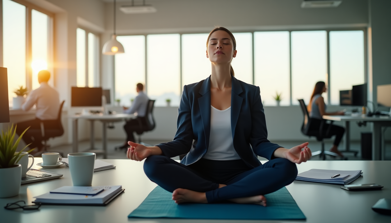 Uma pessoa em traje de negócios medita de pernas cruzadas em um tapete de yoga em cima de uma mesa, abraçando a saúde mental. A luz do sol entra por grandes janelas, realçando a atmosfera serena do escritório onde os colegas trabalham ao fundo. | YogaLounge