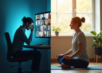 Uma imagem dividida mostra uma mulher trabalhando em um computador em uma sala mal iluminada à esquerda, e a mesma mulher meditando em um espaço vibrante e cheio de plantas à direita. Esse contraste ilustra Vencer a Fadiga do Zoom Com Yoga, destacando o equilíbrio entre estresse e relaxamento. | YogaLounge