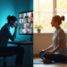 Uma imagem dividida mostra uma mulher trabalhando em um computador em uma sala mal iluminada à esquerda, e a mesma mulher meditando em um espaço vibrante e cheio de plantas à direita. Esse contraste ilustra Vencer a Fadiga do Zoom Com Yoga, destacando o equilíbrio entre estresse e relaxamento. | YogaLounge