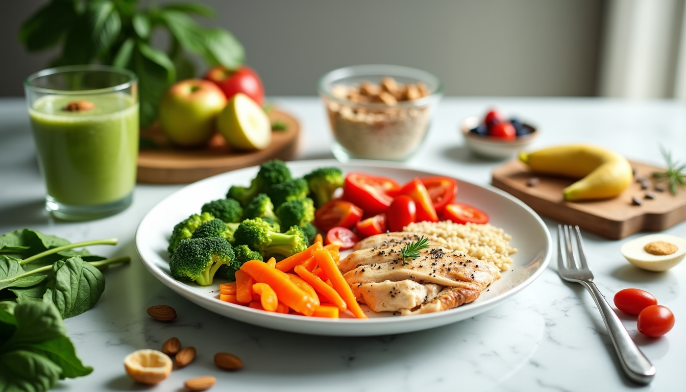 Um equilibrado "Cardápio Para Emagrecer" apresenta frango grelhado, quinoa e brócolis cozido no vapor com cenouras artisticamente em um prato. Ao redor, há um smoothie verde, maçãs, aveia, amêndoas, banana e frutas vermelhas em um balcão de mármore com um garfo e guardanapo. | YogaLounge