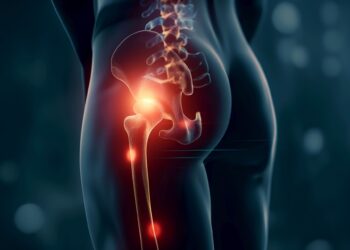 Ilustração médica mostrando a parte inferior das costas e o quadril de uma pessoa, com a articulação do quadril e o nervo ciático destacados em vermelho para indicar dor ciática ou inflamação ao longo do trajeto do nervo ciático. | YogaLounge