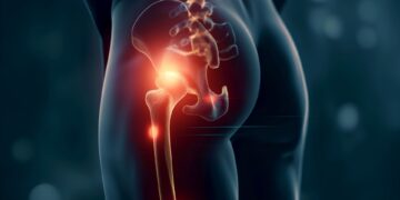 Ilustração médica mostrando a parte inferior das costas e o quadril de uma pessoa, com a articulação do quadril e o nervo ciático destacados em vermelho para indicar dor ciática ou inflamação ao longo do trajeto do nervo ciático. | YogaLounge