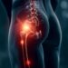 Ilustração médica mostrando a parte inferior das costas e o quadril de uma pessoa, com a articulação do quadril e o nervo ciático destacados em vermelho para indicar dor ciática ou inflamação ao longo do trajeto do nervo ciático. | YogaLounge