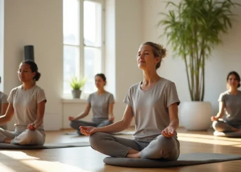 Cinco mulheres sentam-se com as pernas cruzadas em tapetes de ioga em uma sala iluminada pelo sol, praticando juntas a meditação MBSR. Elas usam roupas confortáveis e de tons neutros, e uma grande planta verde fica ao fundo, perto das janelas. | YogaLounge