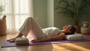 Uma mulher desfruta do Yoga Restaurativo em um tapete dentro de casa, deitada de costas com os joelhos dobrados, a cabeça sobre toalhas dobradas e uma almofada perto dos pés. A luz suave do sol entra pela janela e os vasos de plantas melhoram a atmosfera serena. | YogaLounge