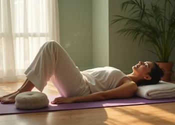 Uma mulher desfruta do Yoga Restaurativo em um tapete dentro de casa, deitada de costas com os joelhos dobrados, a cabeça sobre toalhas dobradas e uma almofada perto dos pés. A luz suave do sol entra pela janela e os vasos de plantas melhoram a atmosfera serena. | YogaLounge
