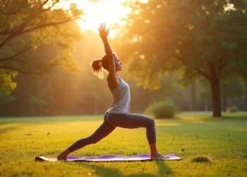 Uma pessoa decide praticar ioga no verão em um tapete em um parque ao nascer do sol, fazendo uma pose de lunge com os braços levantados, cercada por grama verde e árvores, enquanto a luz do sol atravessa o fundo. | YogaLounge