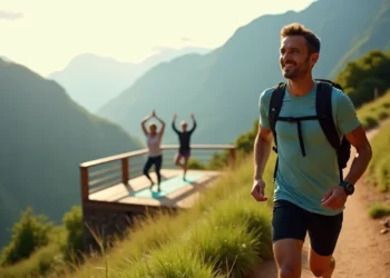 Um homem com uma mochila corre em uma trilha na montanha, sorrindo, enquanto duas pessoas desfrutam do Férias Activas praticando ioga em um deck de madeira com vista para um vale panorâmico e montanhas ao fundo. | YogaLounge