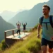 Um homem com uma mochila corre em uma trilha na montanha, sorrindo, enquanto duas pessoas desfrutam do Férias Activas praticando ioga em um deck de madeira com vista para um vale panorâmico e montanhas ao fundo. | YogaLounge