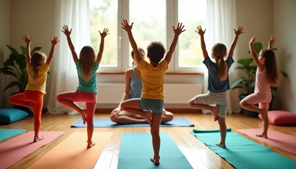 Um grupo de crianças pratica ioga com um instrutor em uma sala bem iluminada, seguindo um Plano de Aula Yoga Infantil, em pé sobre tapetes coloridos na postura da árvore, com os braços levantados, com a luz do sol entrando pelas grandes janelas. | YogaLounge