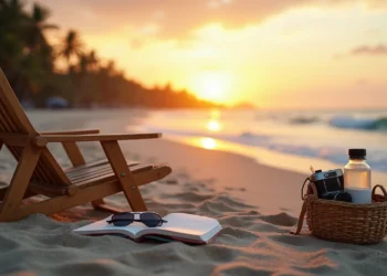 Uma cadeira de praia de madeira de frente para o oceano ao pôr do sol, perfeita para uma escapada do Detox Digital. Um livro aberto e óculos escuros descansam na areia, ao lado de uma cesta com uma câmera, bebida e protetor solar. Palmeiras margeiam a costa ao fundo. | YogaLounge