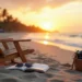 Uma cadeira de praia de madeira de frente para o oceano ao pôr do sol, perfeita para uma escapada do Detox Digital. Um livro aberto e óculos escuros descansam na areia, ao lado de uma cesta com uma câmera, bebida e protetor solar. Palmeiras margeiam a costa ao fundo. | YogaLounge