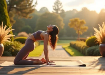 Uma mulher pratica Yoga em Setembro ao ar livre em um tapete ao nascer do sol, fazendo uma pose de camelo em um deck de madeira cercado por uma vegetação exuberante e grandes vasos de plantas. | YogaLounge
