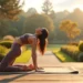 Uma mulher pratica Yoga em Setembro ao ar livre em um tapete ao nascer do sol, fazendo uma pose de camelo em um deck de madeira cercado por uma vegetação exuberante e grandes vasos de plantas. | YogaLounge