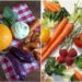 Quatro painéis exibem a balança Alimentar Portuguesa com vegetais frescos variados em várias superfícies, inspirados na Balança Alimentar Portuguesa, incluindo cenouras, tomates, berinjelas, pimentões, cebolas, batatas doces, abóboras e verduras em grupos vibrantes. | YogaLounge