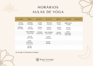Horários das aulas do Yoga Lounge mostrando os dias da semana, tipos de aulas e horários em um formato de tabela, com desenhos florais decorativos nos cantos e um fundo bege. | YogaLounge