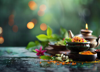 Uma configuração serena com um bule de chá, uma xícara, um incenso aceso, ervas frescas, especiarias e uma tigela com uma flor vibrante, todos dispostos em uma superfície refletora com um fundo verde exuberante e luzes bokeh quentes. | YogaLounge