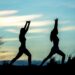 Duas pessoas estão em silhueta contra um céu azul e amarelo, praticando ioga ou poses de alongamento ao ar livre entre a grama alta. | YogaLounge
